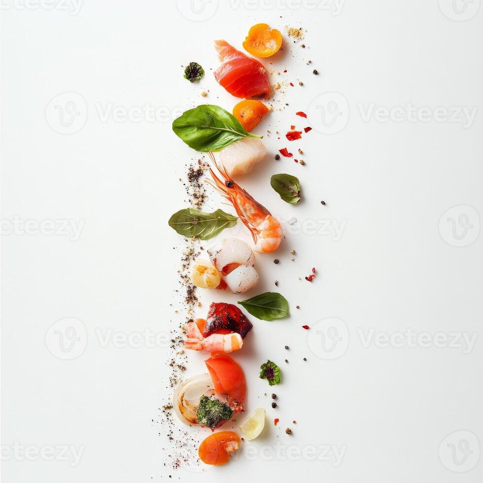 A line of different types of seafood arranged in a circle photo