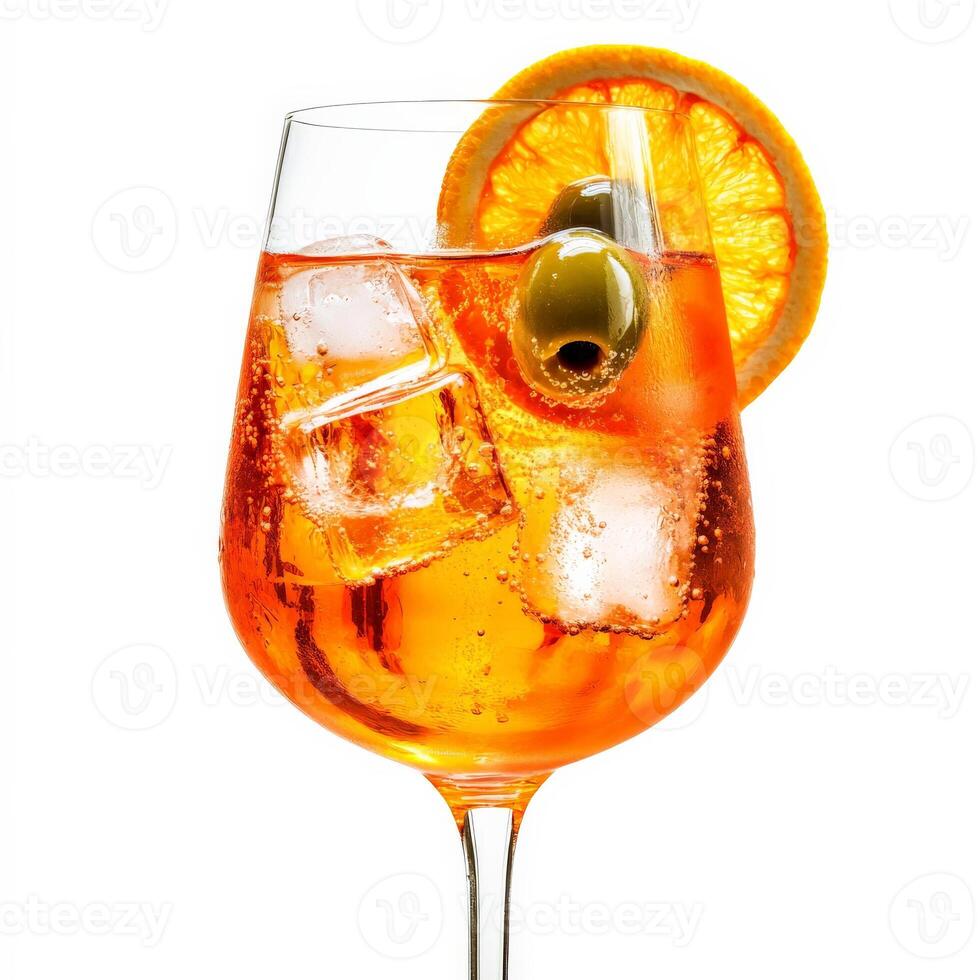 A glass of orange and olive drink with ice photo