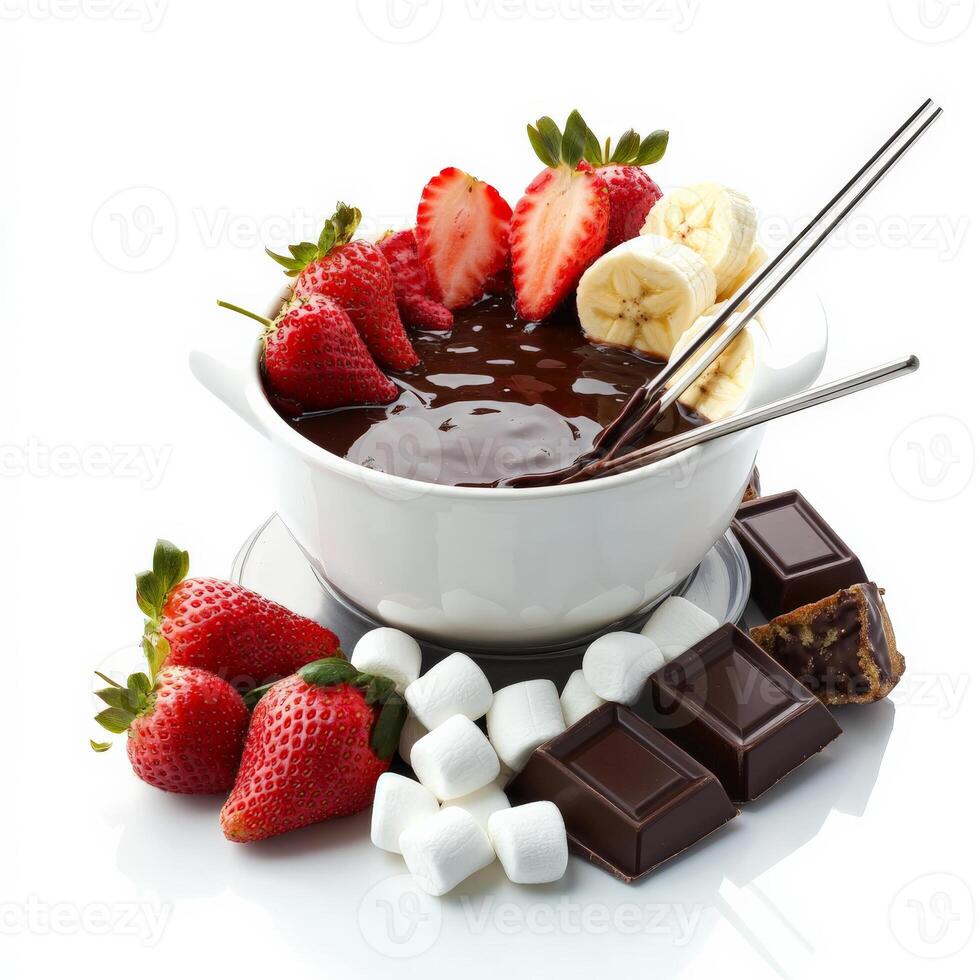 A bowl of chocolate with strawberries and marshmallows photo