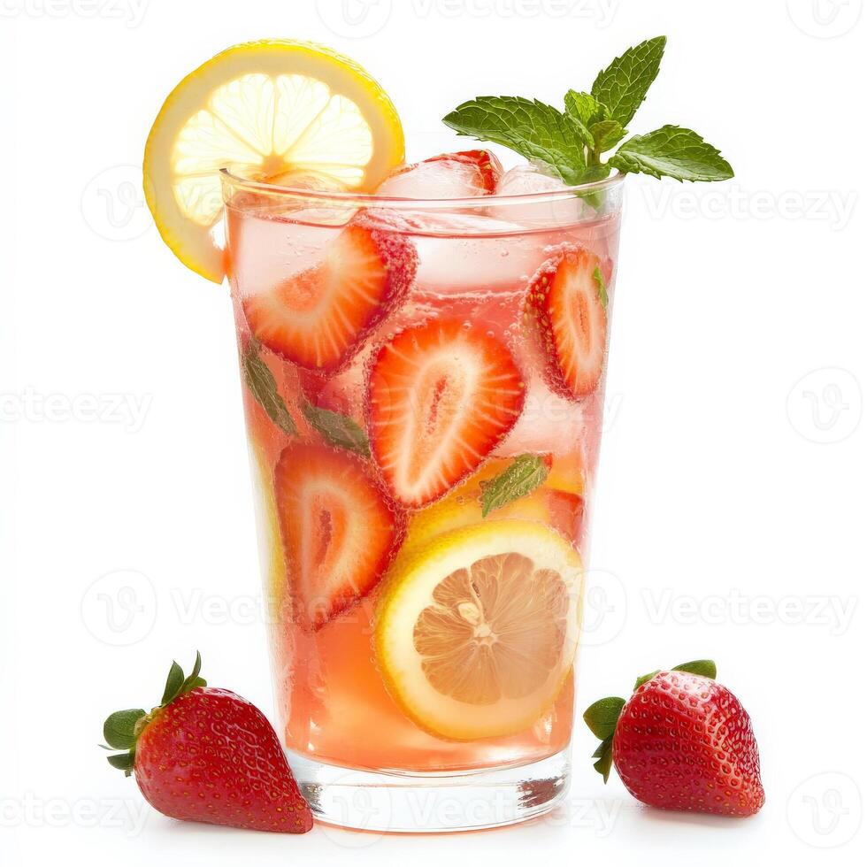 A glass of strawberry lemonade with a lemon slice photo