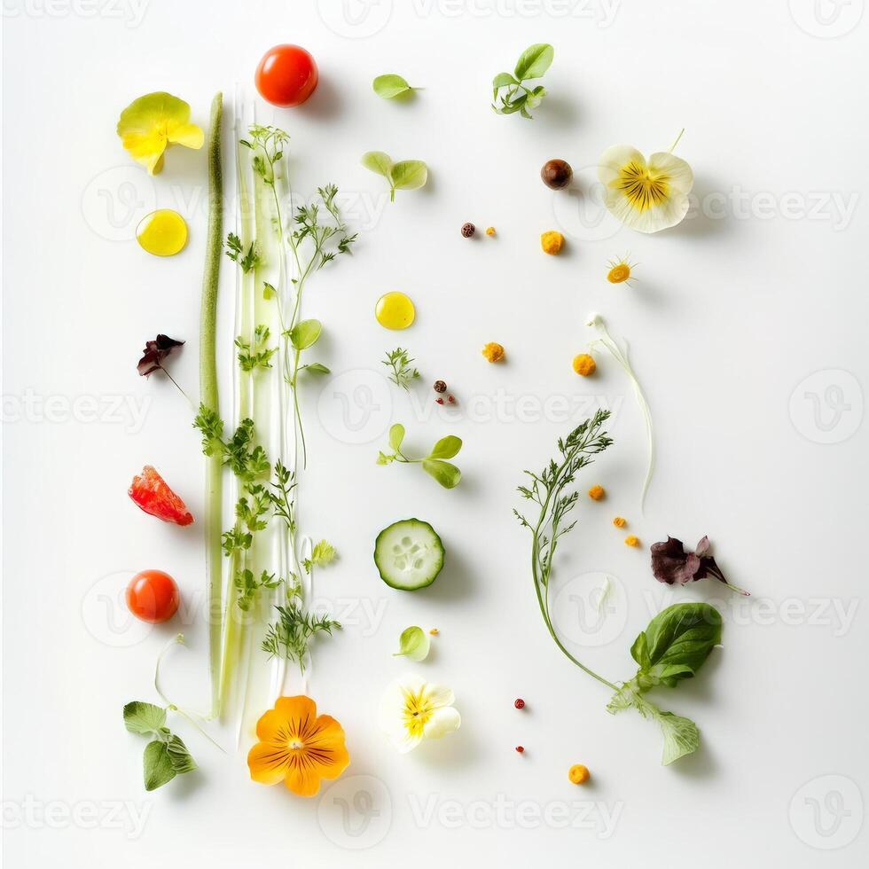 A variety of vegetables arranged in a square on a white surface photo