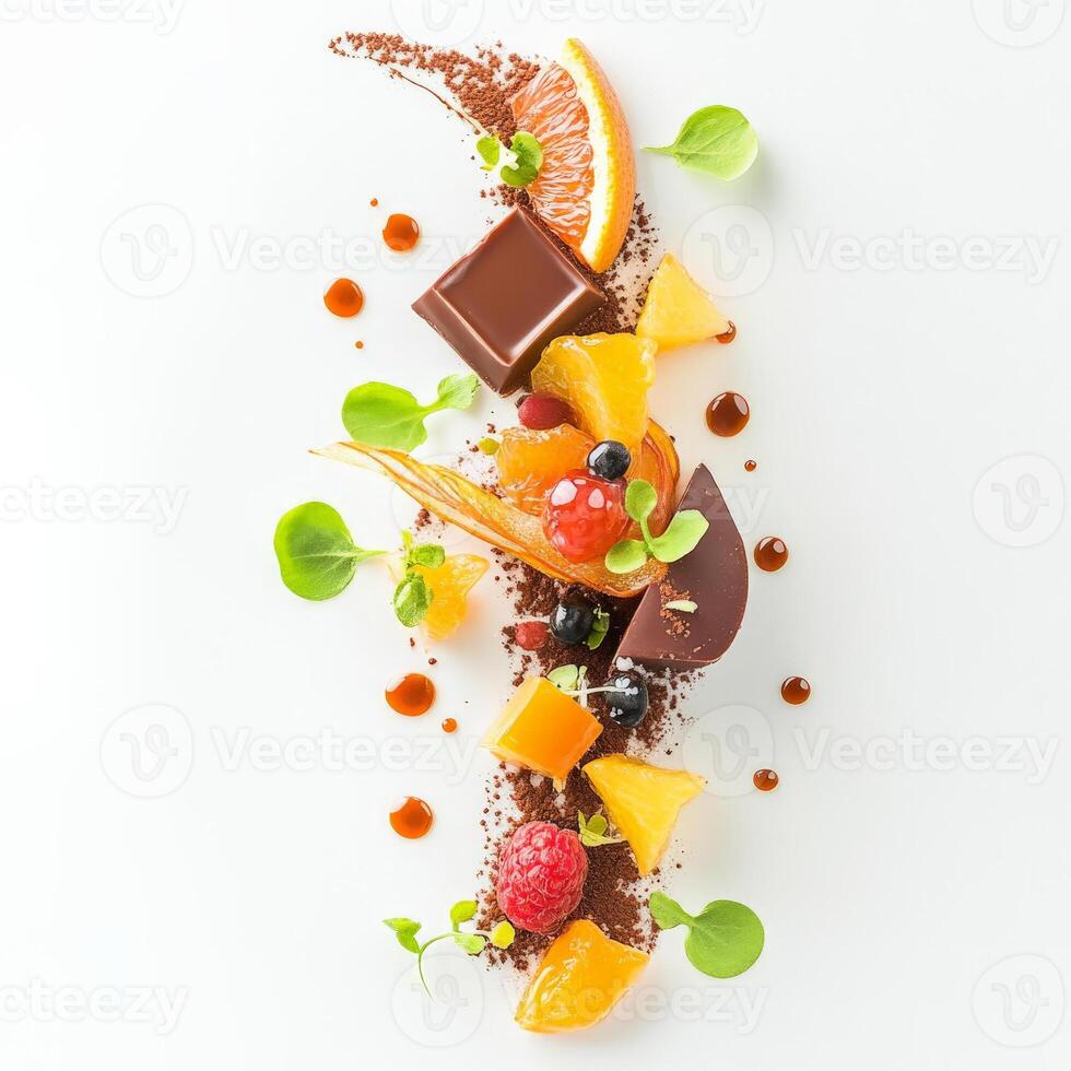 A plate with chocolate, fruit and other ingredients photo