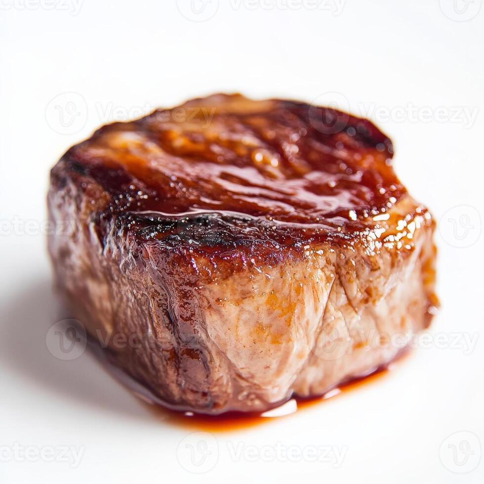 A piece of meat on a white plate photo