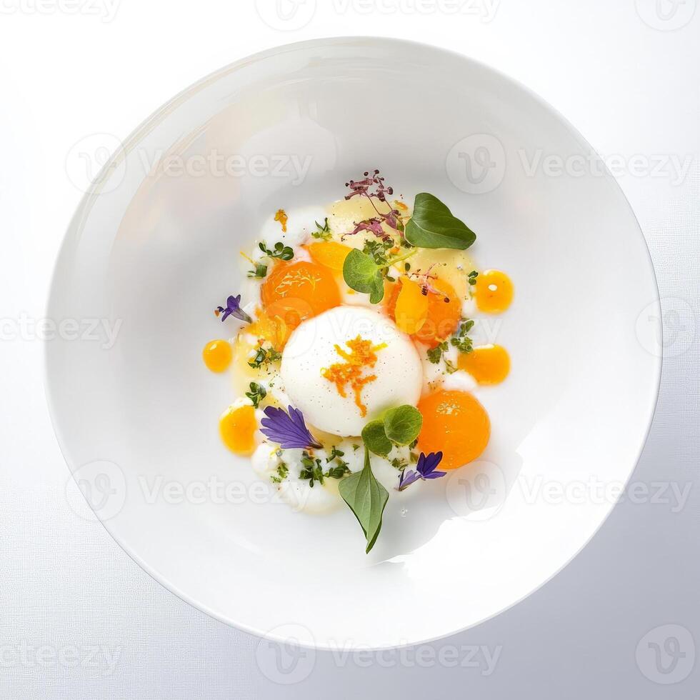A white plate with an orange and flower garnish photo