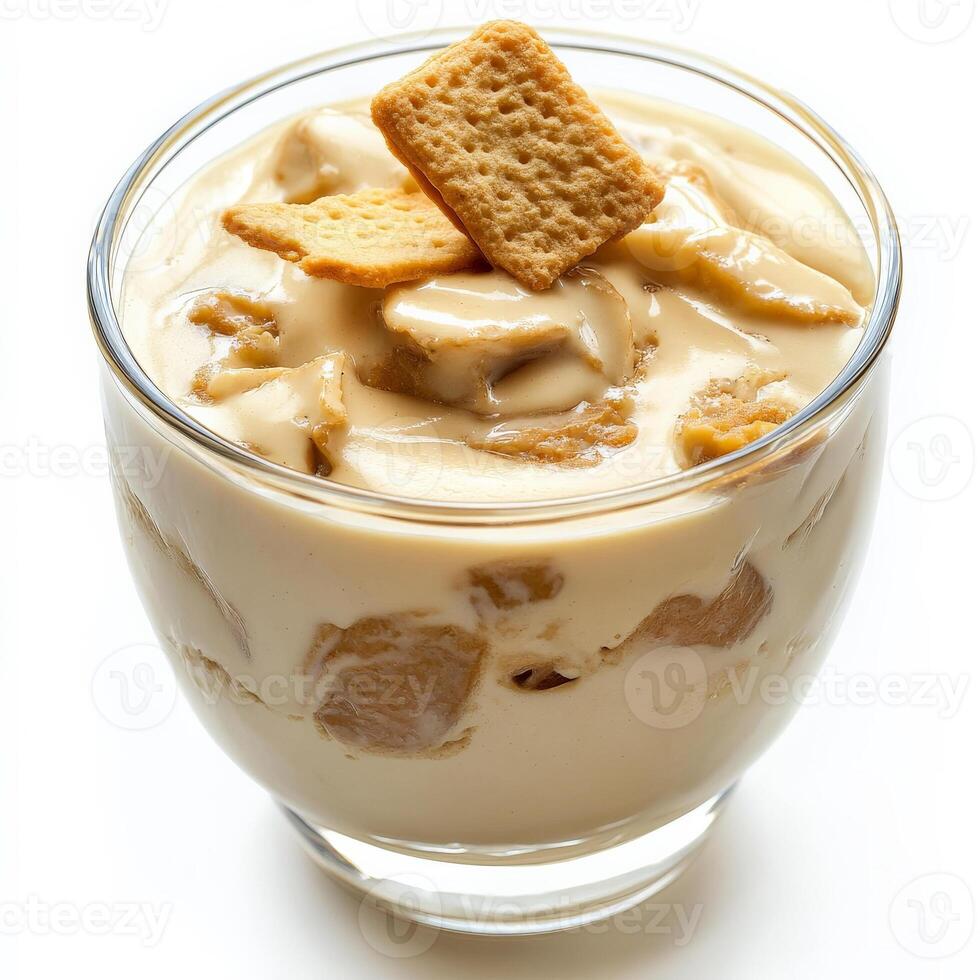 A dessert in a glass with crackers on top photo