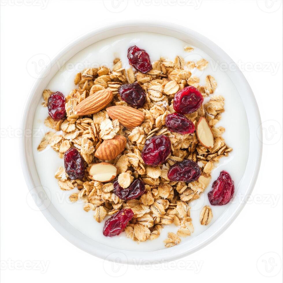 Granola with almonds and cranberries in a bowl on a white background photo