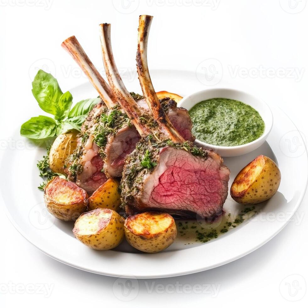 A plate with lamb chops, potatoes and a sauce photo