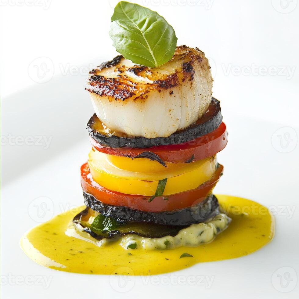 A plate with a stack of vegetables and a garnish photo