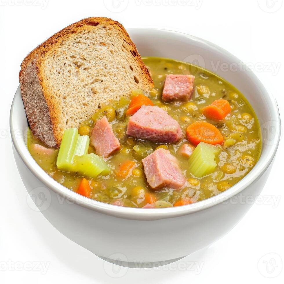 Ham and pea soup with bread photo