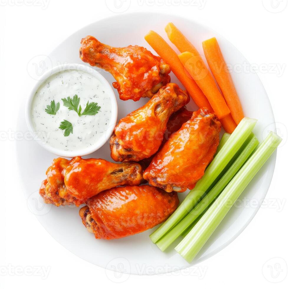 Buffalo wings with celery and carrots on a white plate photo