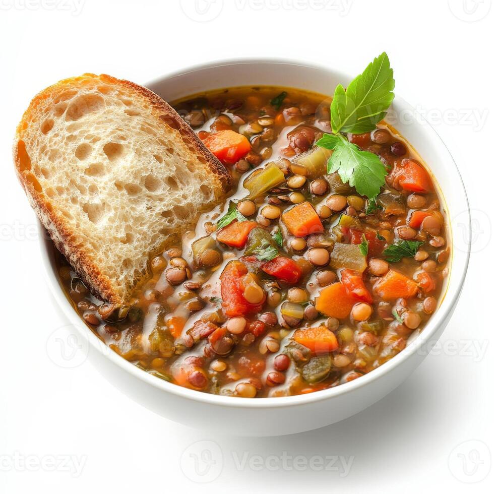 Lentil soup with bread in a bowl isolated on white background photo