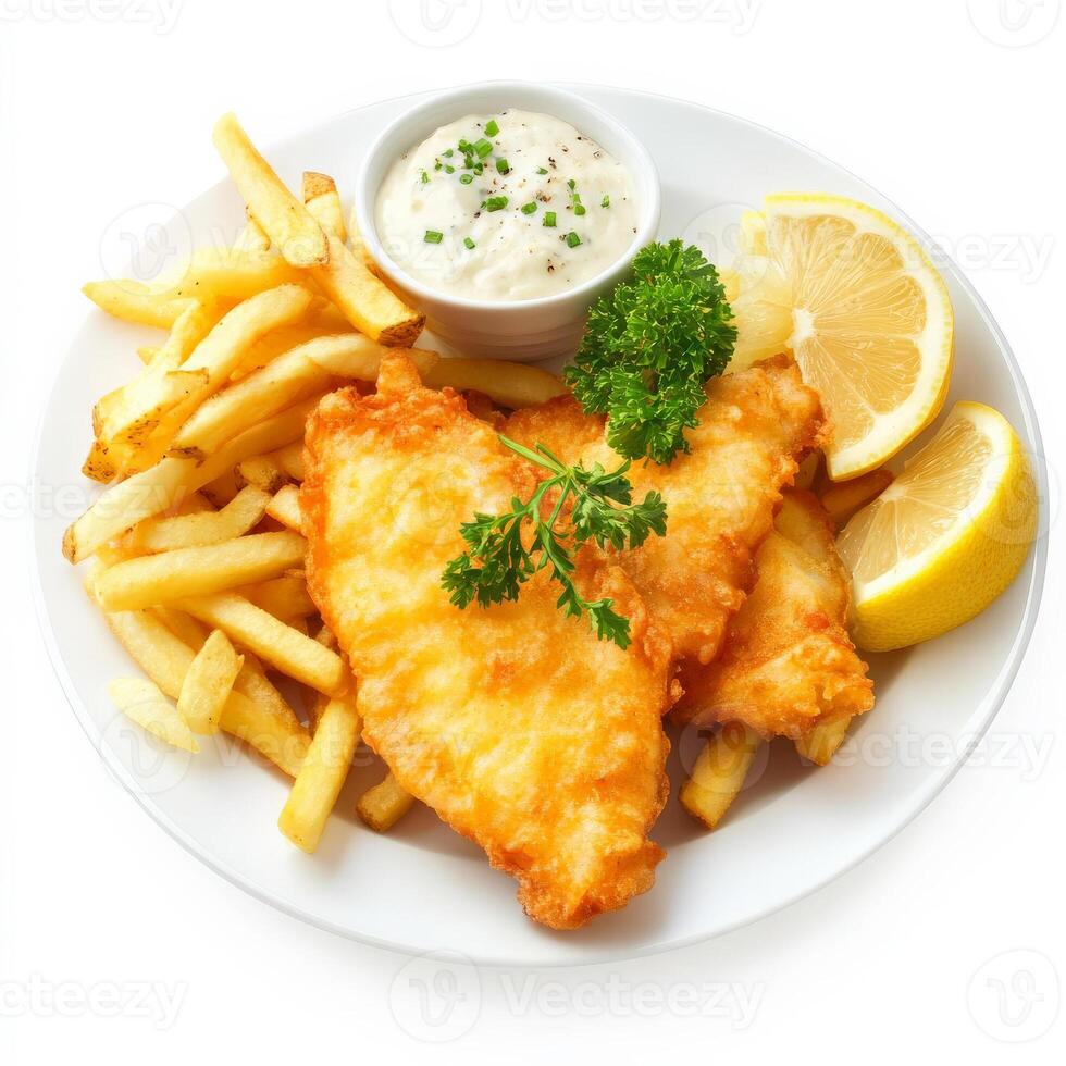 Fish and chips with lemon and sauce on a white plate photo
