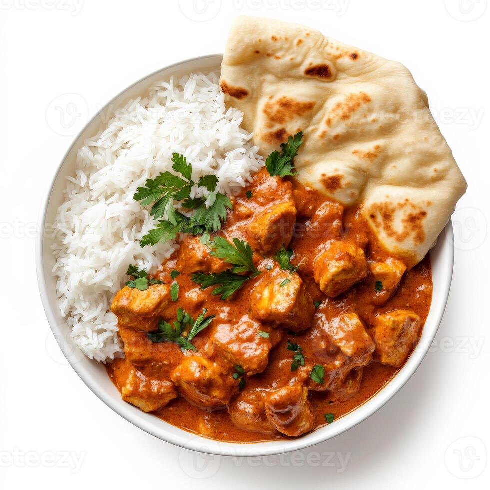 Chicken tikka masala curry in a bowl with rice on white background photo