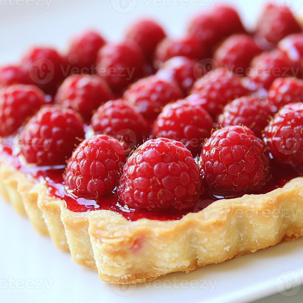 A white plate with a tart with raspberries on it photo