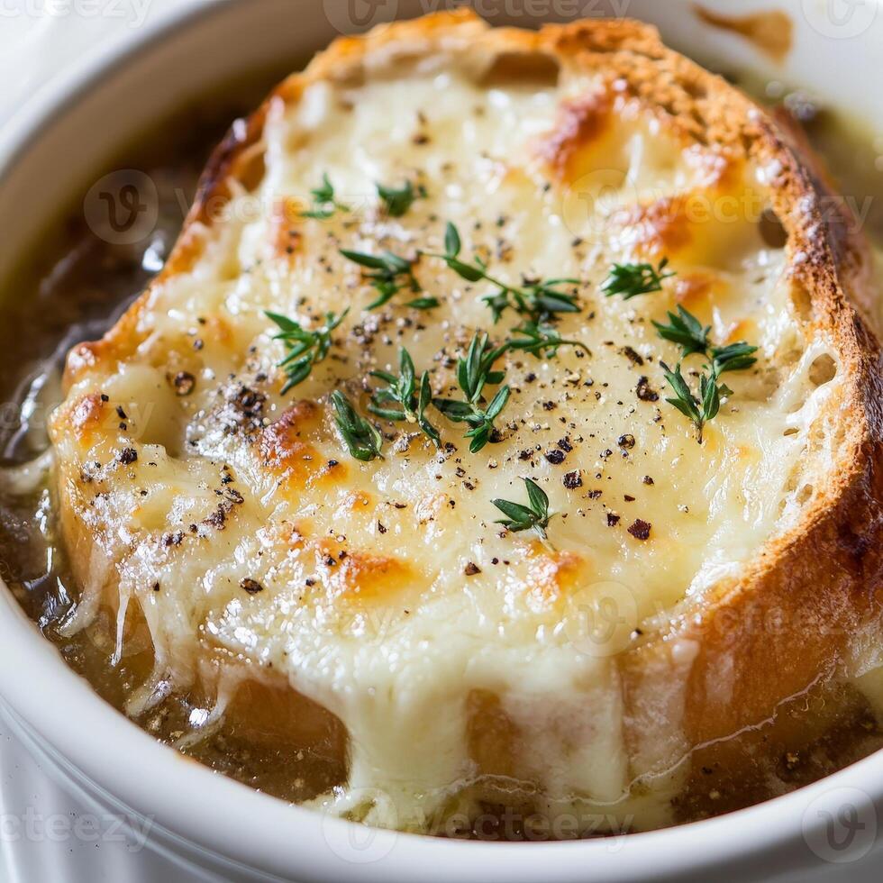 A bowl of french onion soup with cheese photo