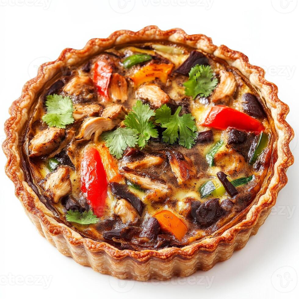 A quiche with vegetables and mushrooms on a white background photo