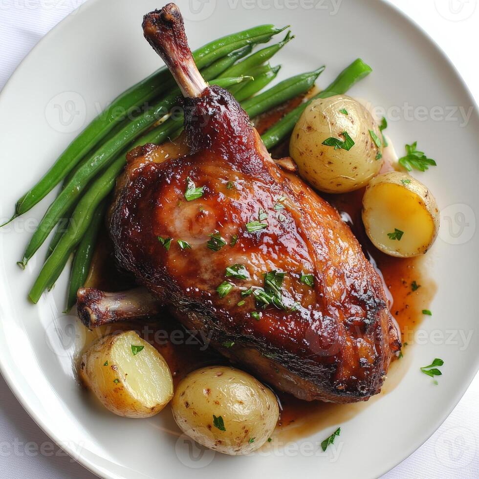 Roasted duck with potatoes and green beans photo