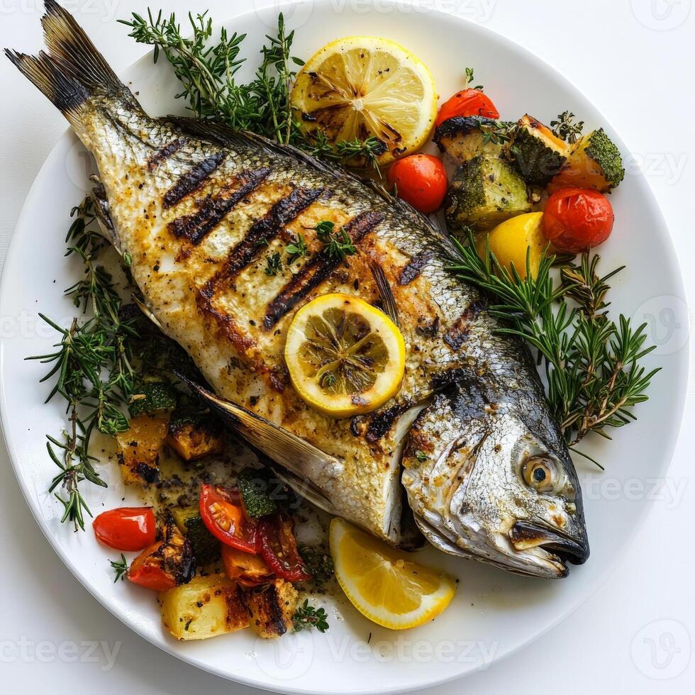 Grilled fish with lemon and vegetables on a white plate photo