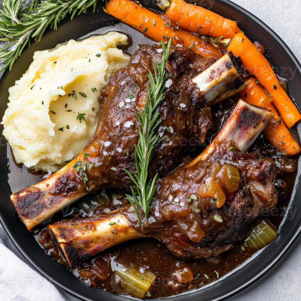 Baked lamb chops with gravy and mashed potatoes photo