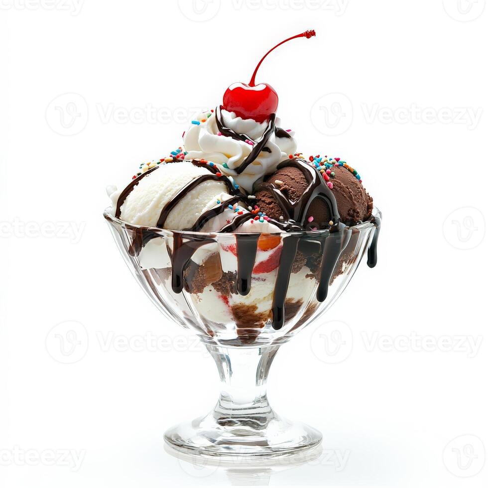 A glass bowl with ice cream and toppings photo