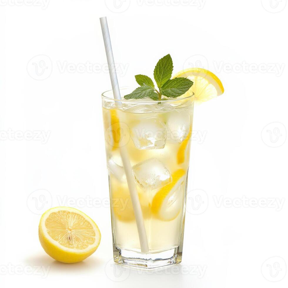 A glass of lemonade with ice and a straw photo