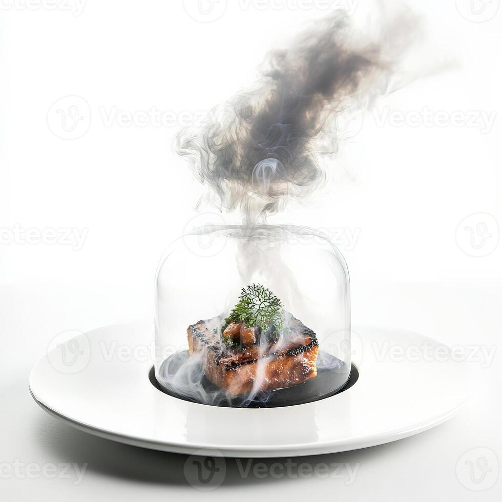 A plate with a steak on top of a white plate photo