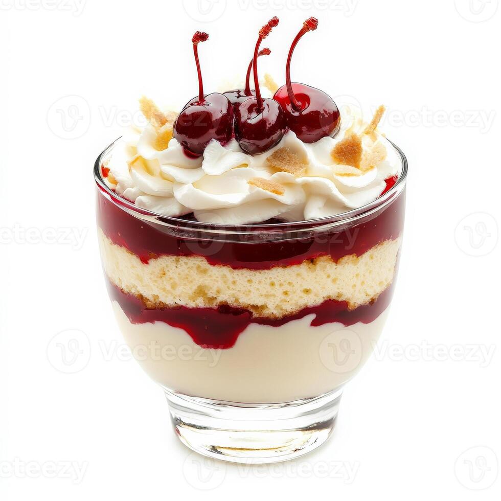A dessert with whipped cream and cherries photo