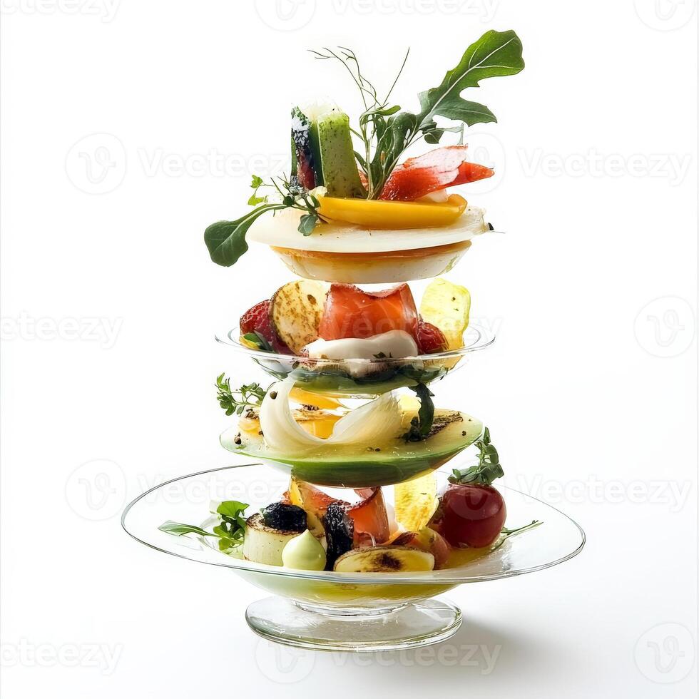 A stack of fruit and vegetables on a plate photo
