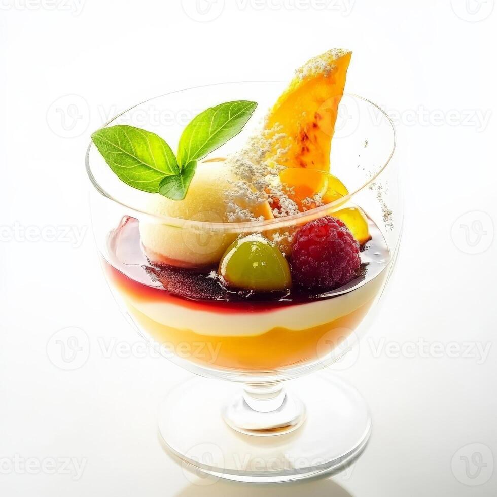 A dessert with fruit and ice cream in a glass photo