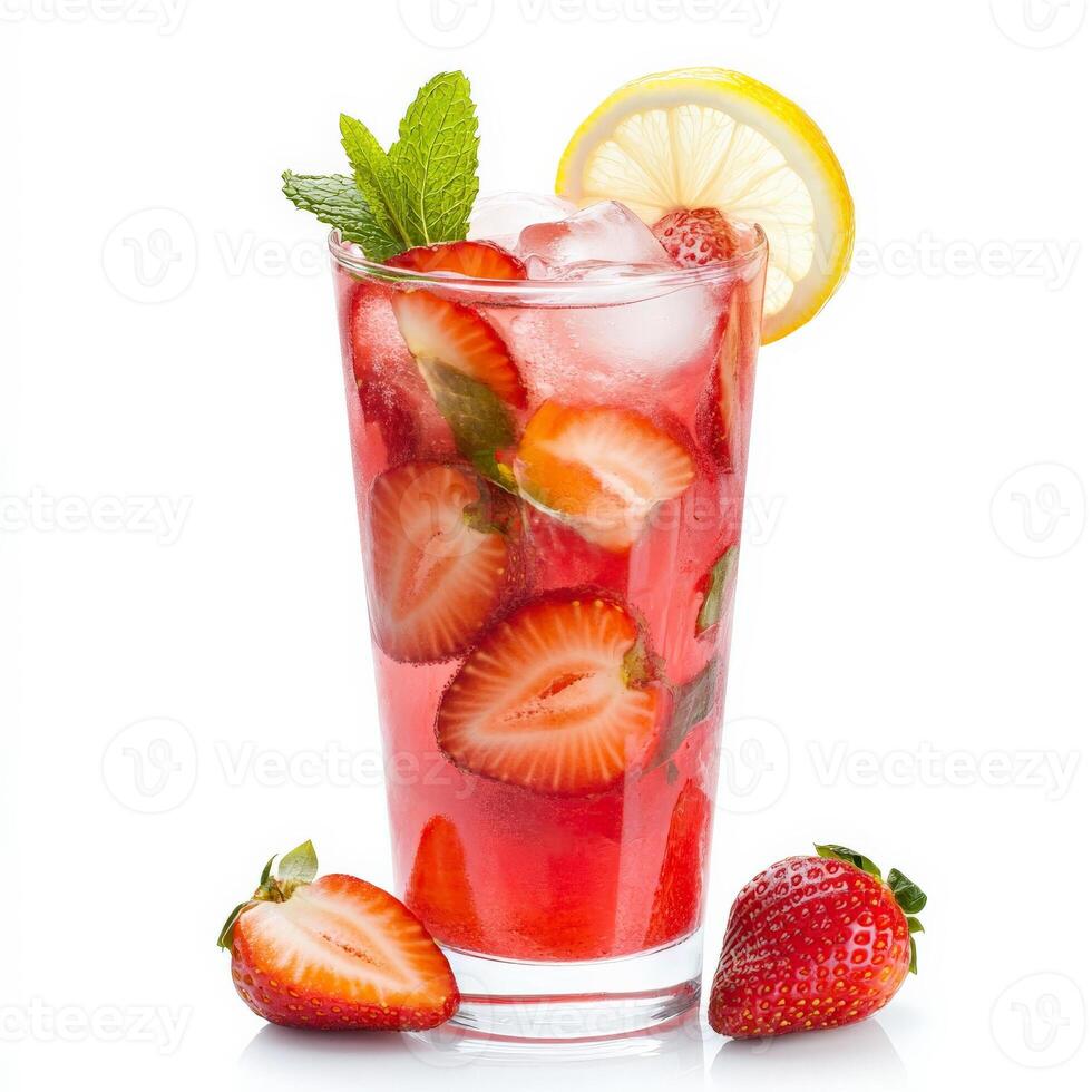 A glass of strawberry and lemonade with a lemon wedge photo