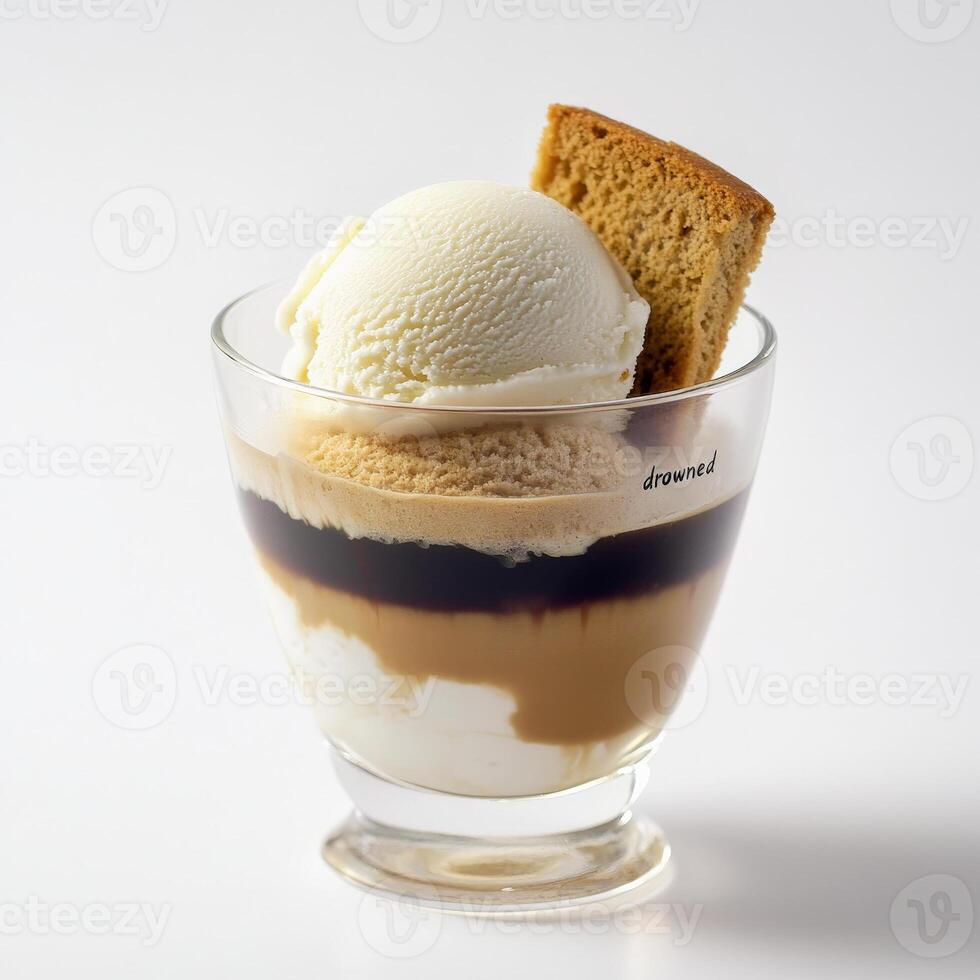 A dessert in a glass with ice cream and a cookie photo