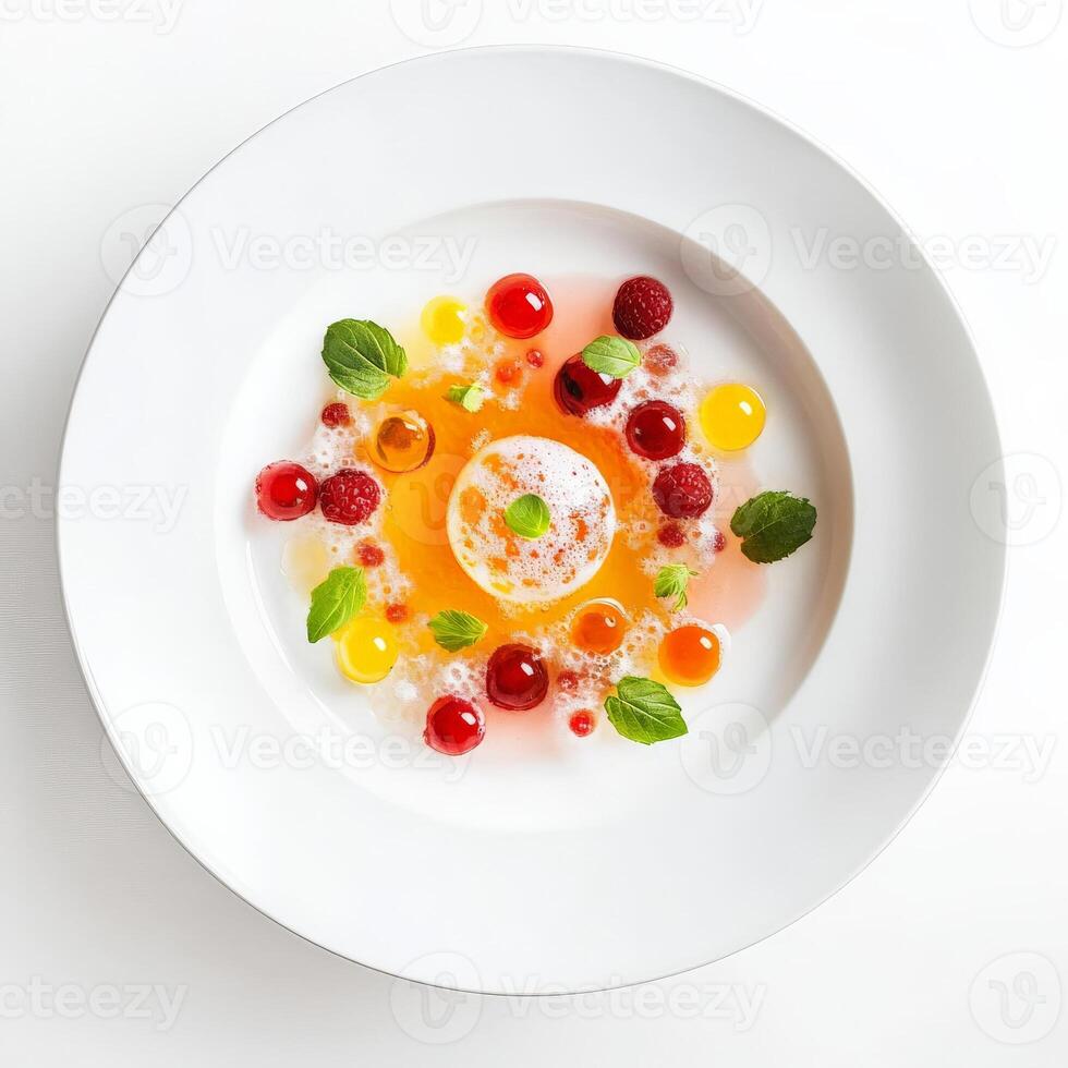 A white plate with fruit and ice cream photo