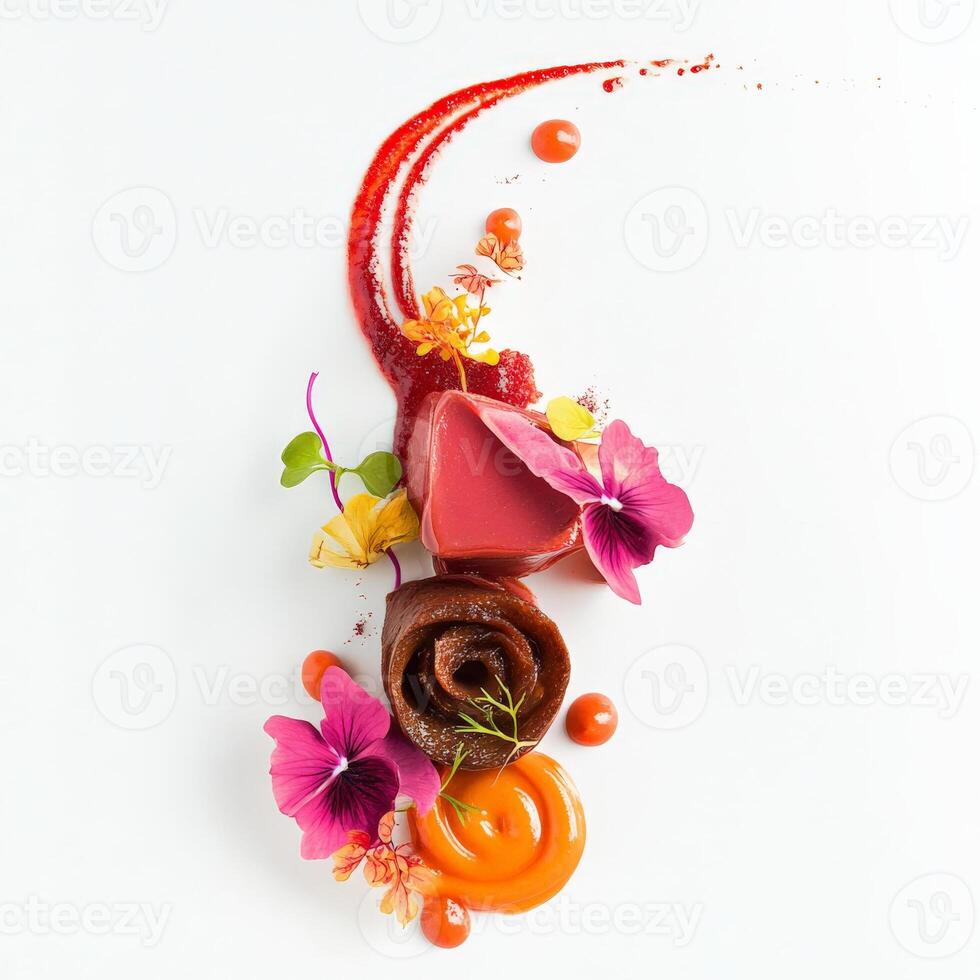 A dessert with flowers and chocolate on a white surface photo