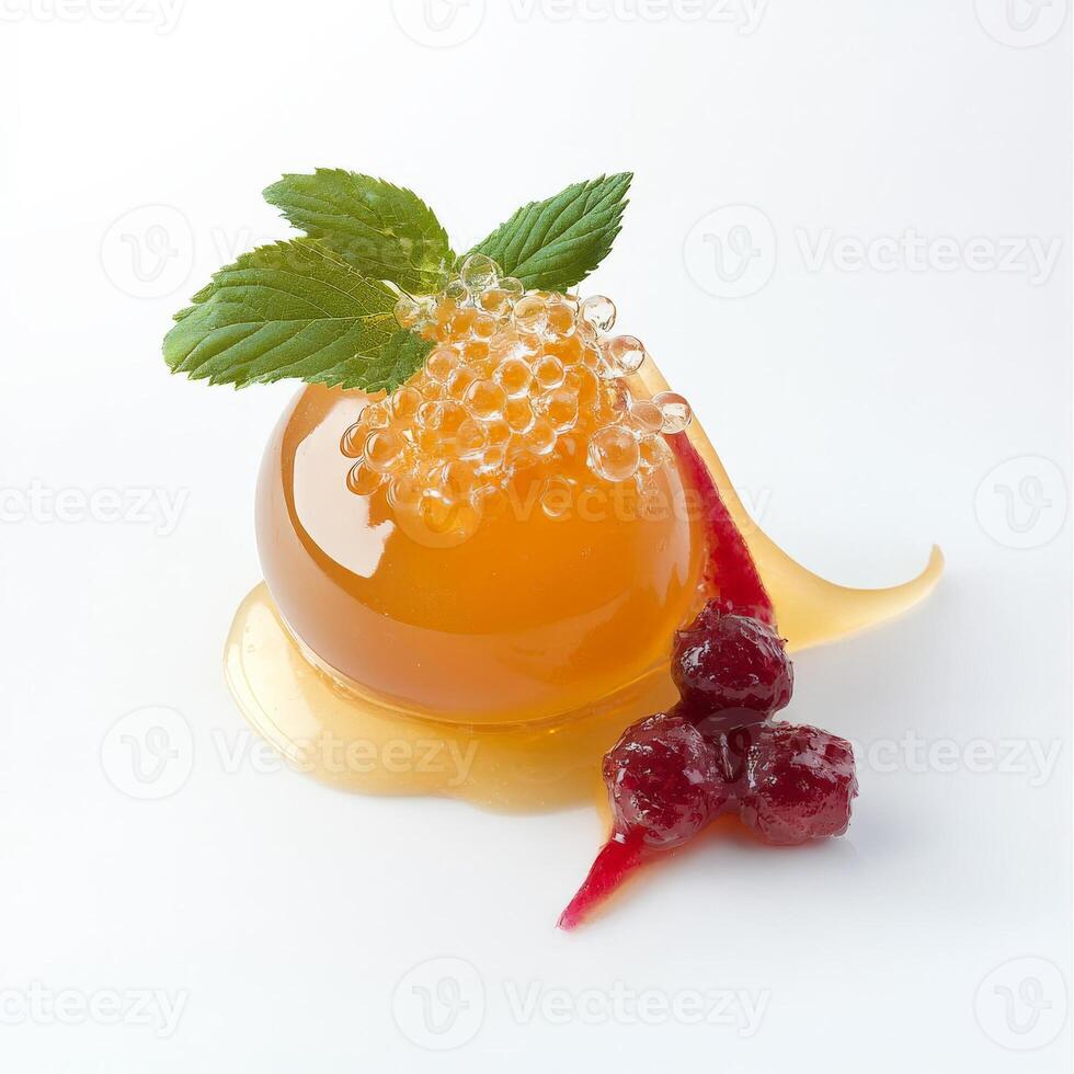 A dessert with a fruit and a leaf on top photo