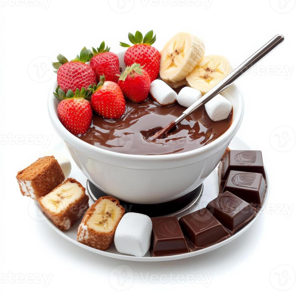 A bowl of chocolate pudding with strawberries and marshmallows photo