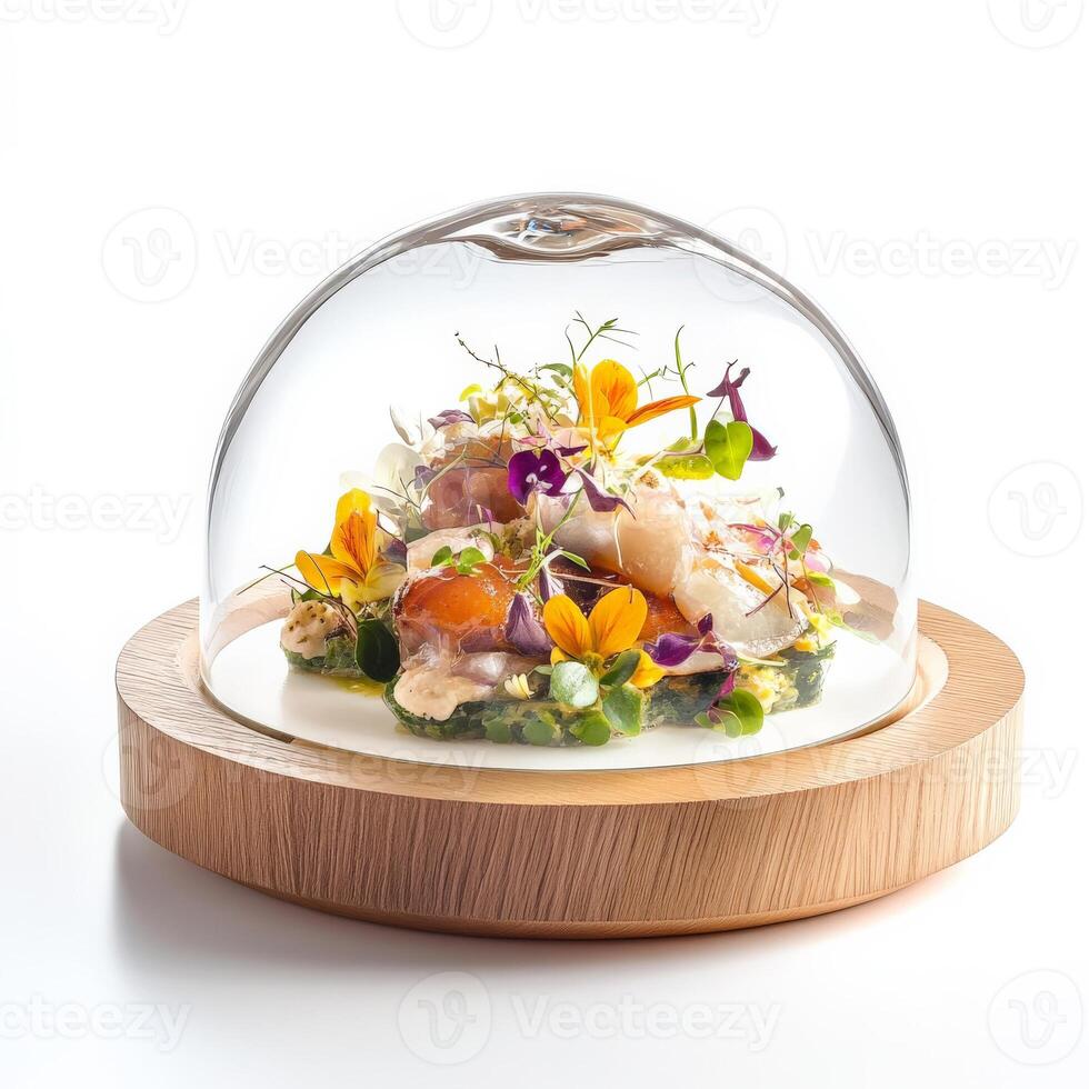 A dish of food on a wooden plate under a glass dome photo