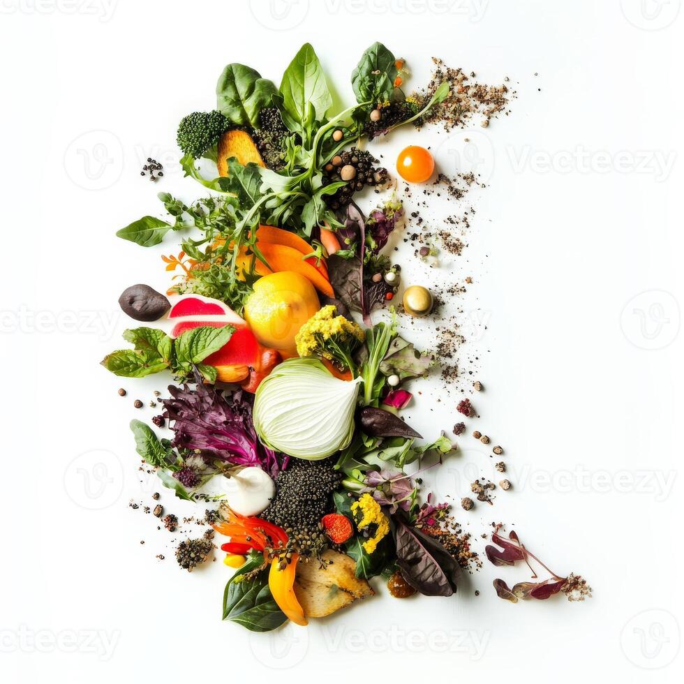 A pile of vegetables and fruits on a white background photo