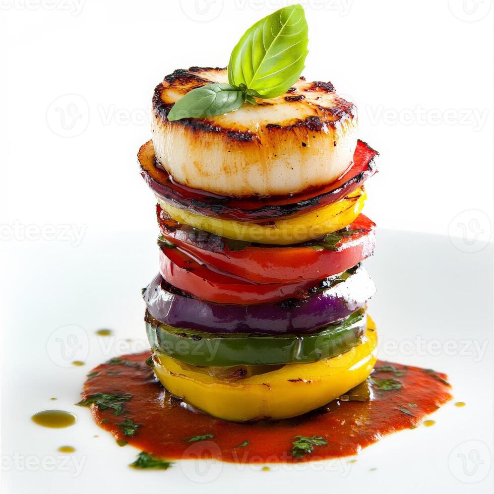 A plate of food with a scallop on top photo