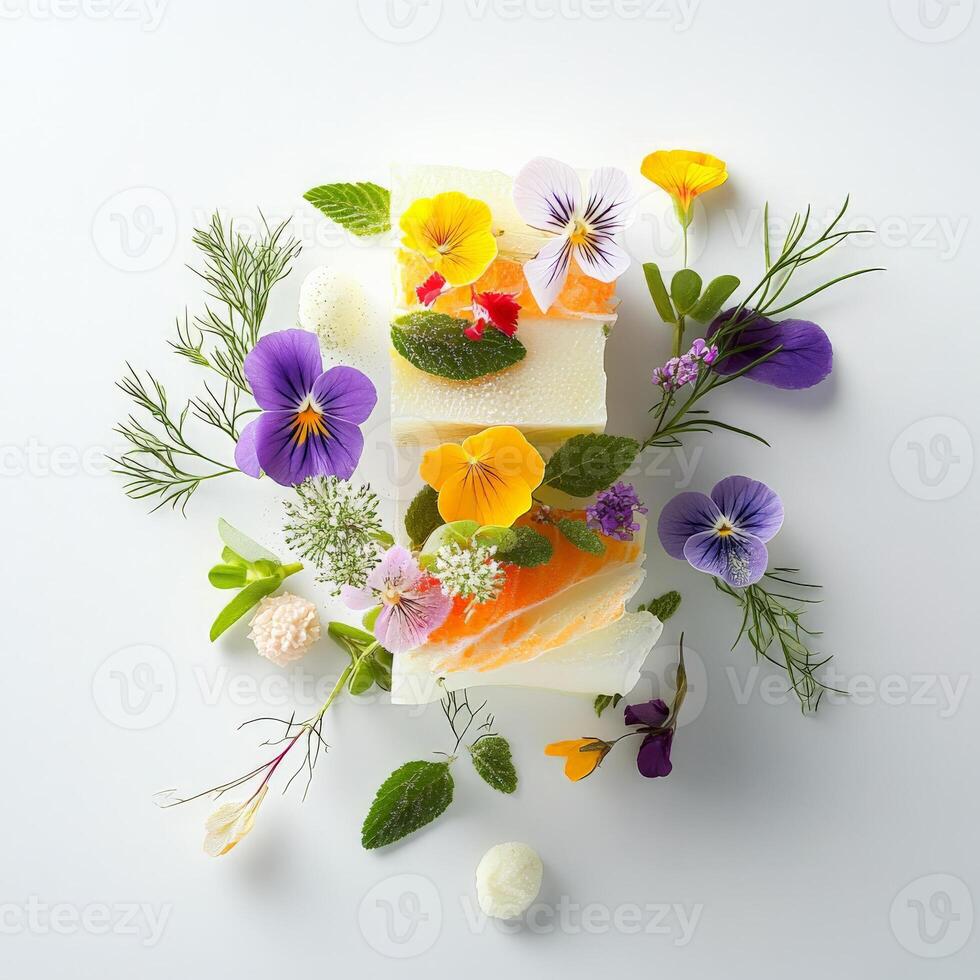 A piece of soap with flowers and herbs on it photo