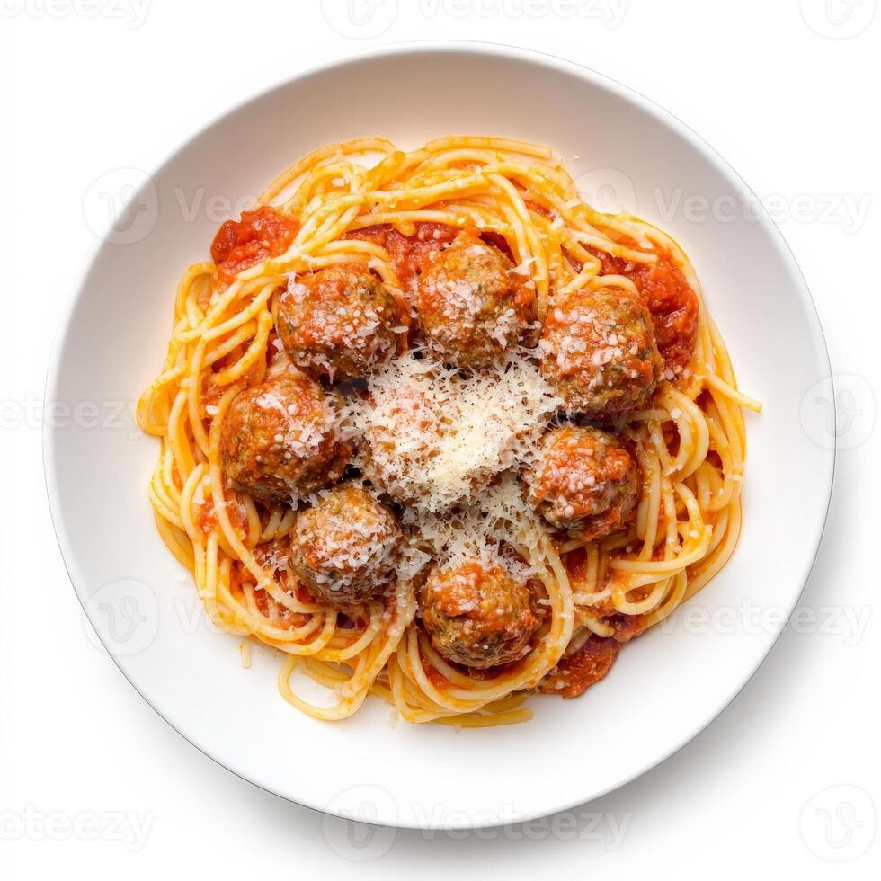 Spaghetti with meatballs in tomato sauce on white background photo