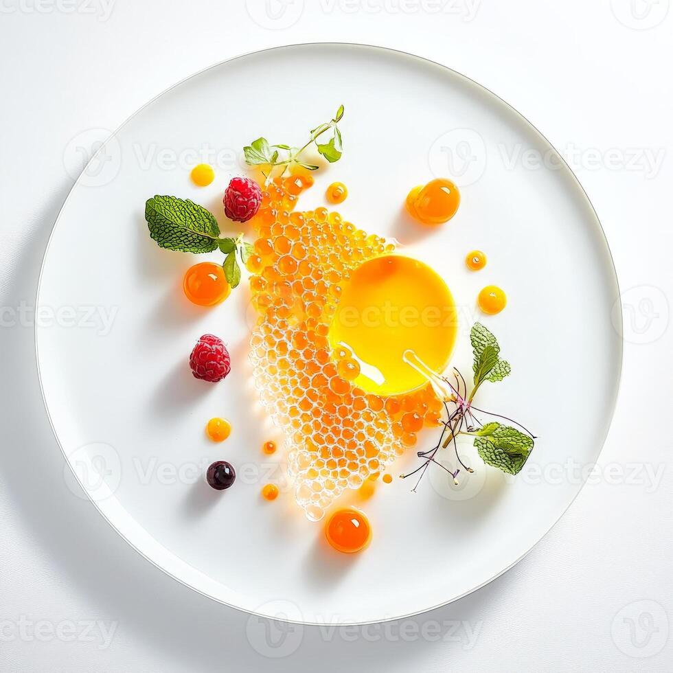 A plate with an orange and raspberries on it photo