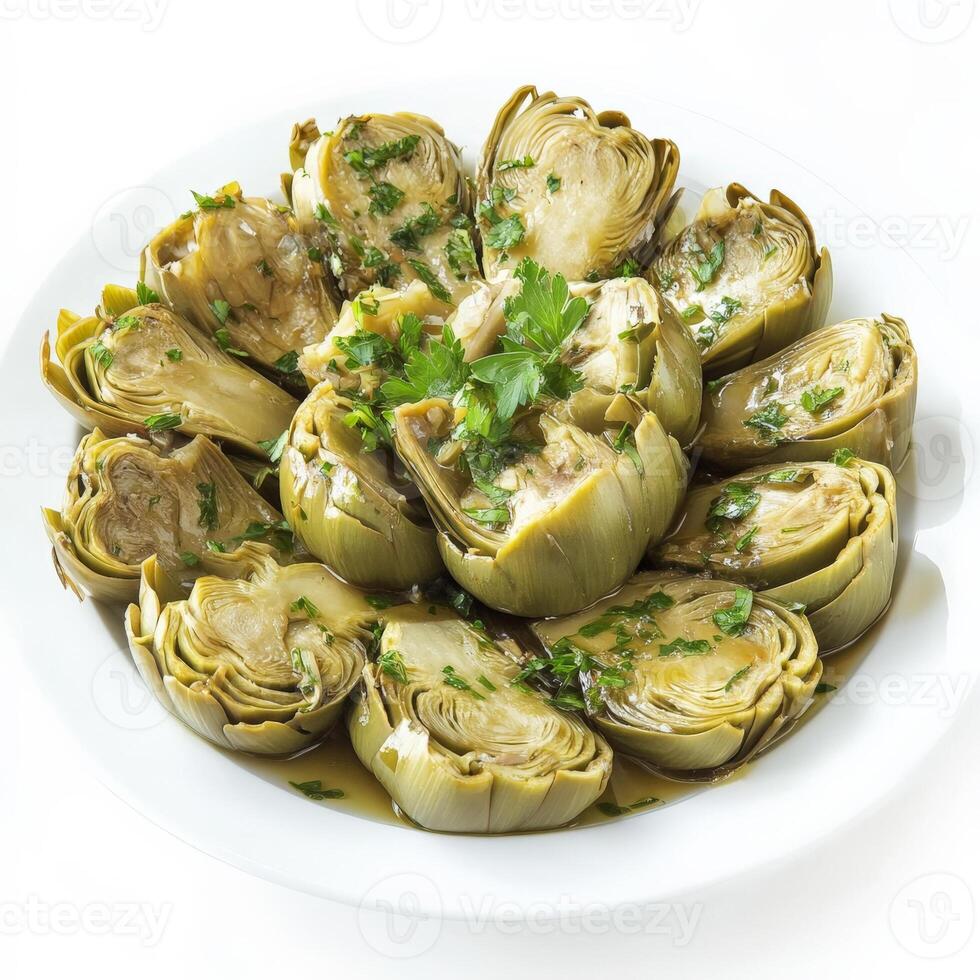 A plate of artichokes with parsley on top photo