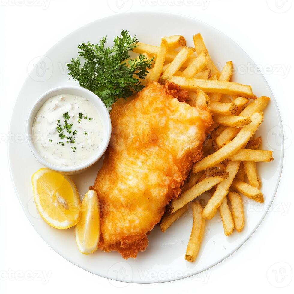 Fish and chips on a white plate with a lemon wedge photo