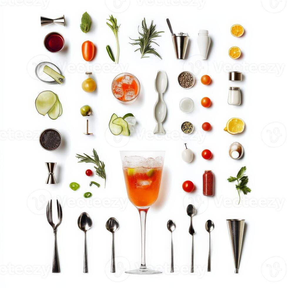 Various ingredients arranged in a circle on a white background photo