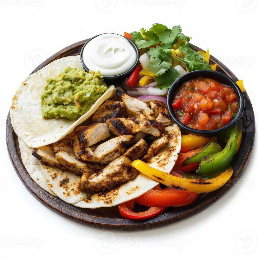 A plate with chicken, peppers, and salsa photo