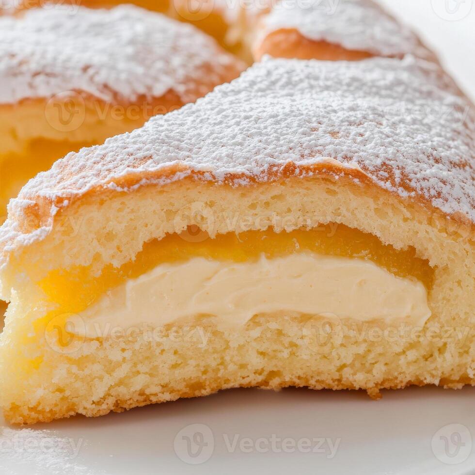 A pastry with a slice missing on a plate photo