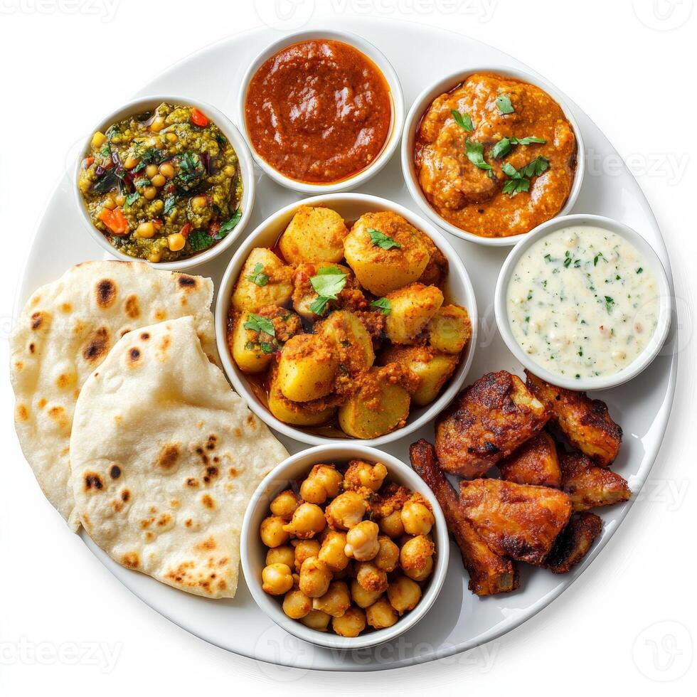 A plate with various indian dishes on it photo