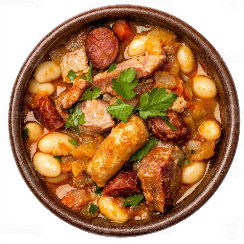 Spanish stew with meat, beans and white beans in a bowl isolated on white background photo