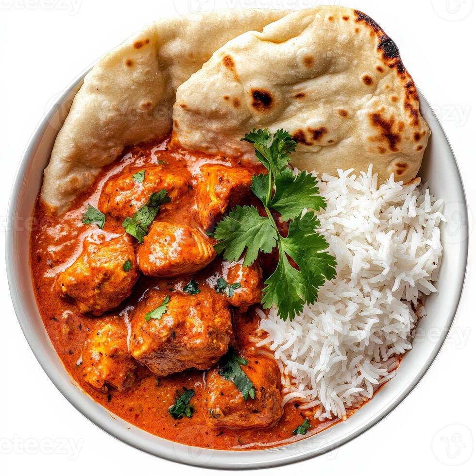 Chicken tikka masala curry in a bowl with rice and naan photo