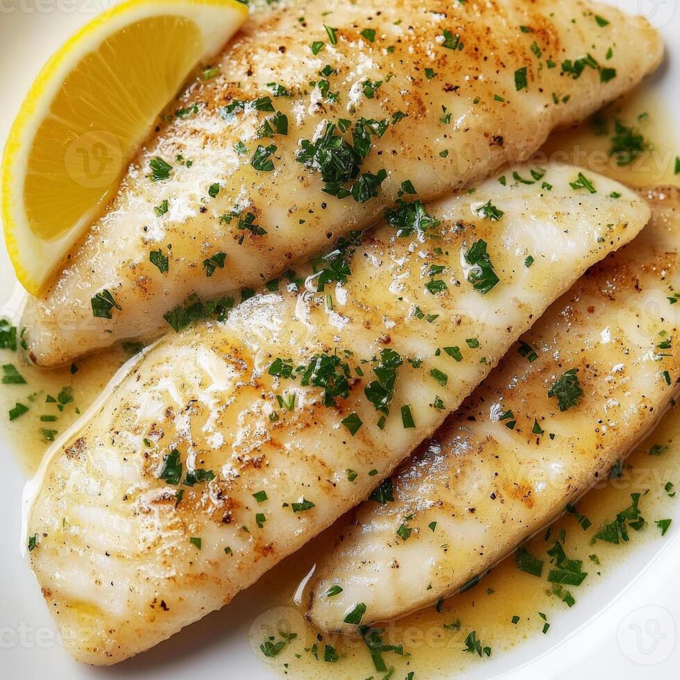 Three fish fillets with lemon and parsley photo